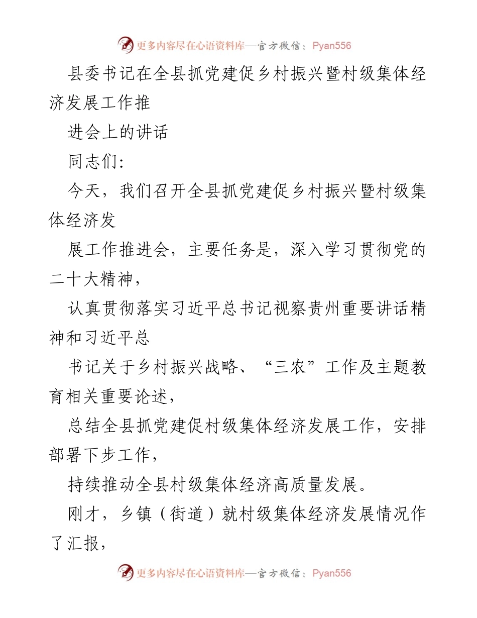 [发言] 会议 - 加强党建推动乡村振兴与村级集体经济发展工作推进会讲话_1.docx_第1页
