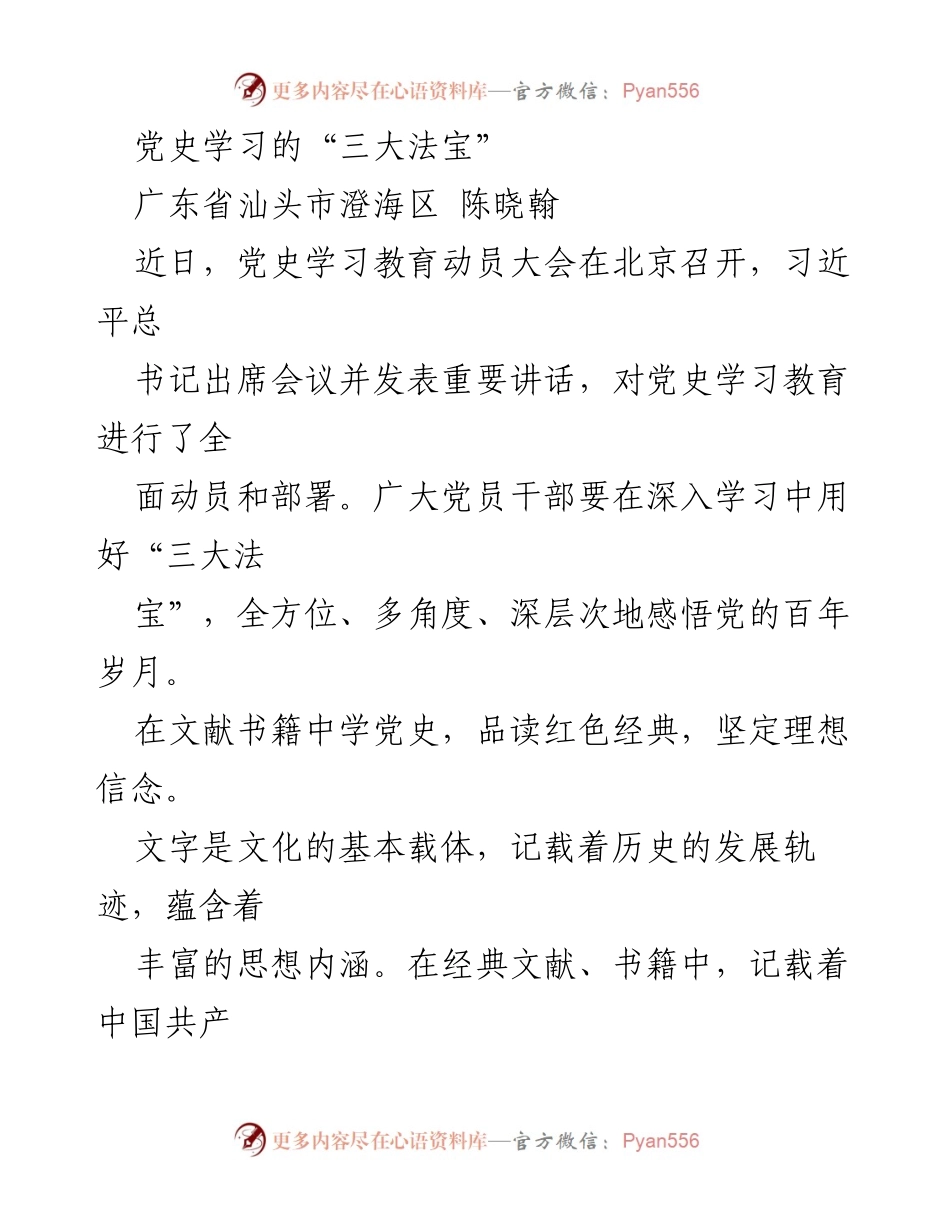[发言] 党史学习教育动员大会 - 党史学习的“三大法宝”.docx_第1页