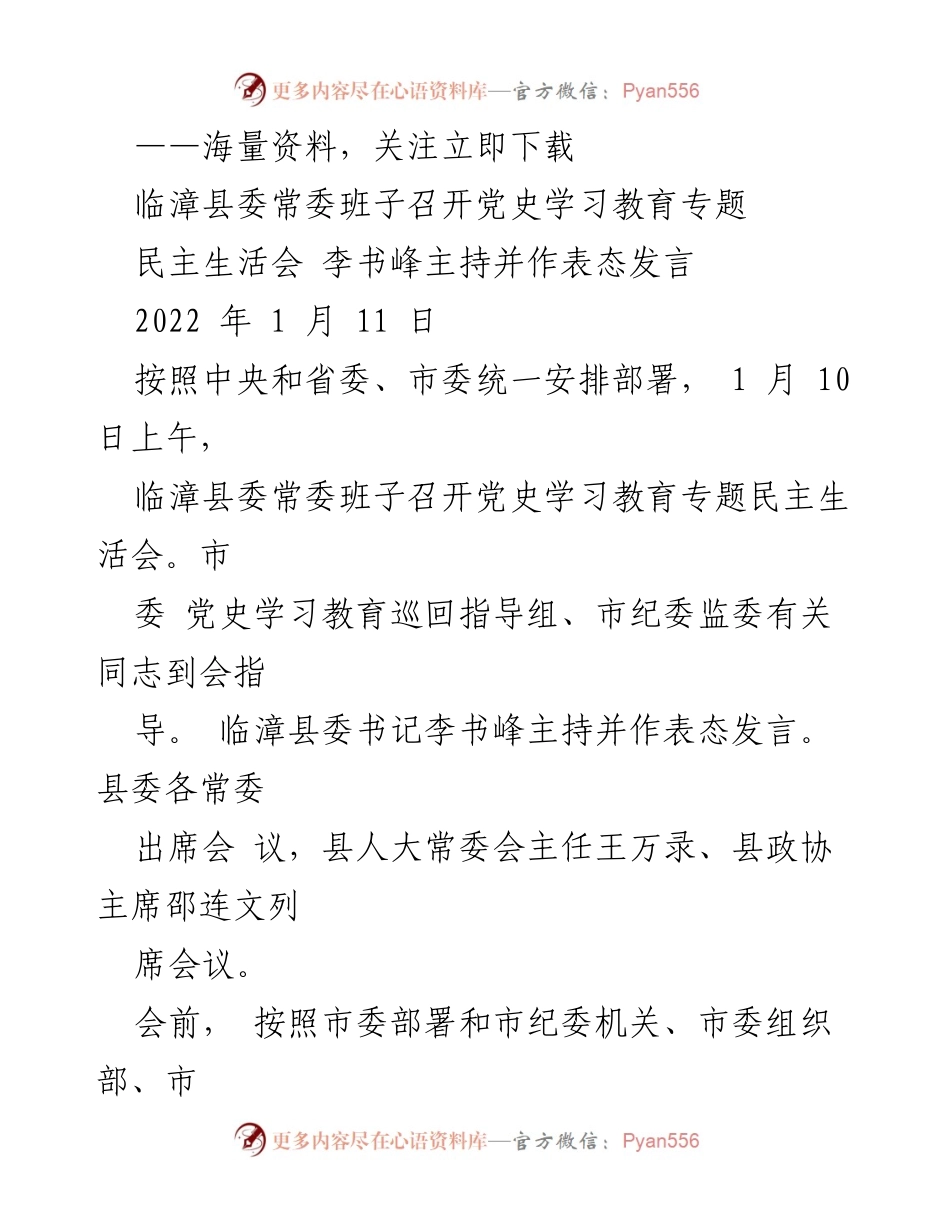 [发言] 党史学习教育专题民主生活会 - 临漳县委常委班子民主生活会总结发言.docx_第1页