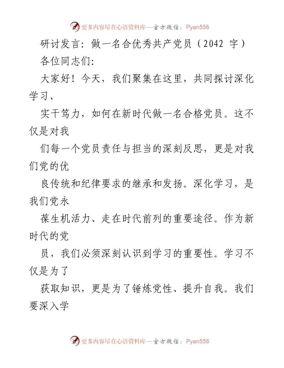 [发言] 党员研讨会 - 深化学习与实干：新时代合格共产党员的责任与担当.docx_第1页