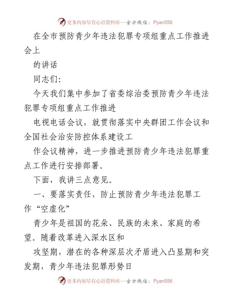 [发言] 会议 - 加强责任与措施，推进青少年违法犯罪预防工作.docx_第1页