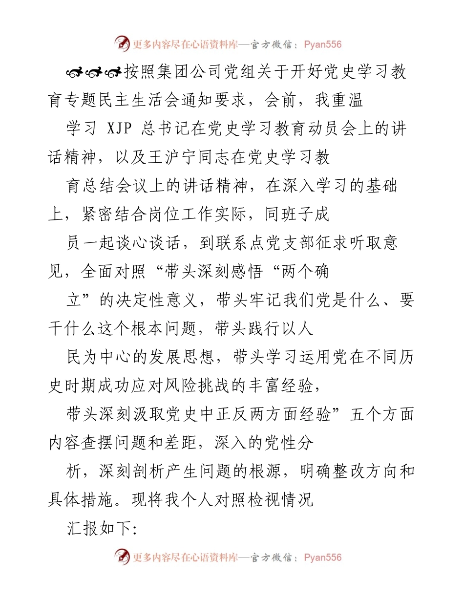 [发言] 党史学习教育专题民主生活会 - 个人对照检视情况汇报_2.docx_第1页