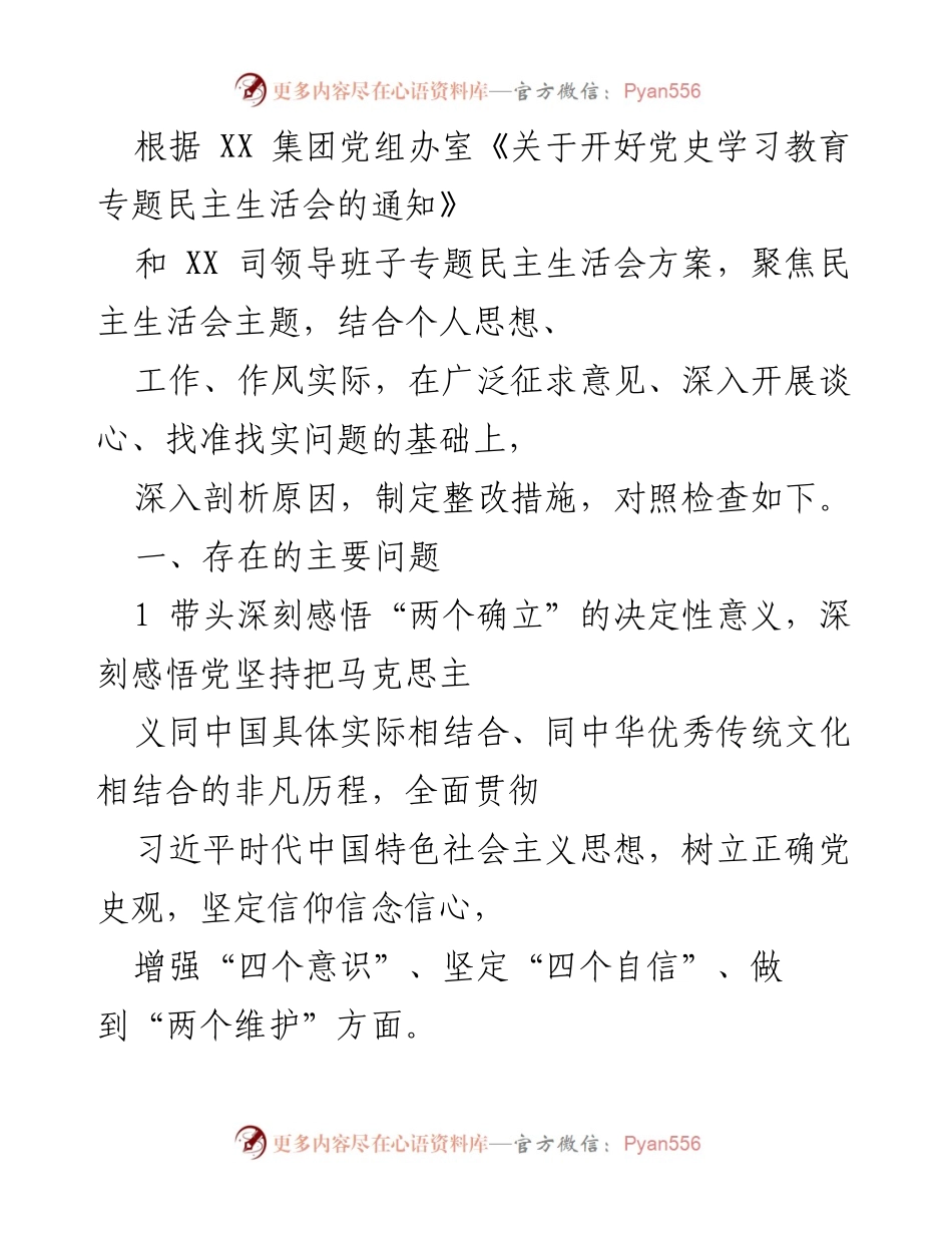 [发言] 党史学习教育专题民主生活会 - 深入剖析问题，落实整改措施.docx_第1页