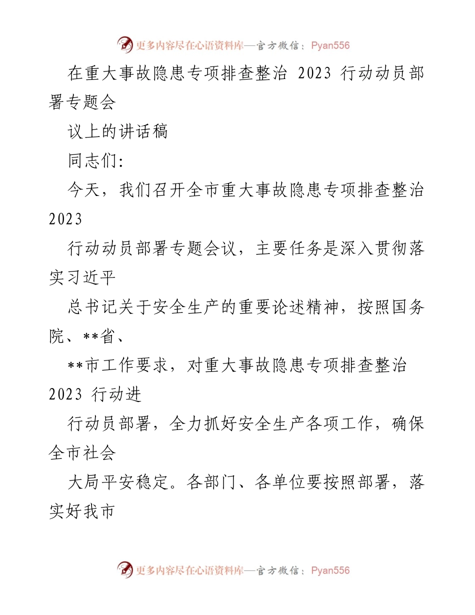 [发言] 会议 - 重大事故隐患专项排查整治2023行动动员部署讲话.docx_第1页