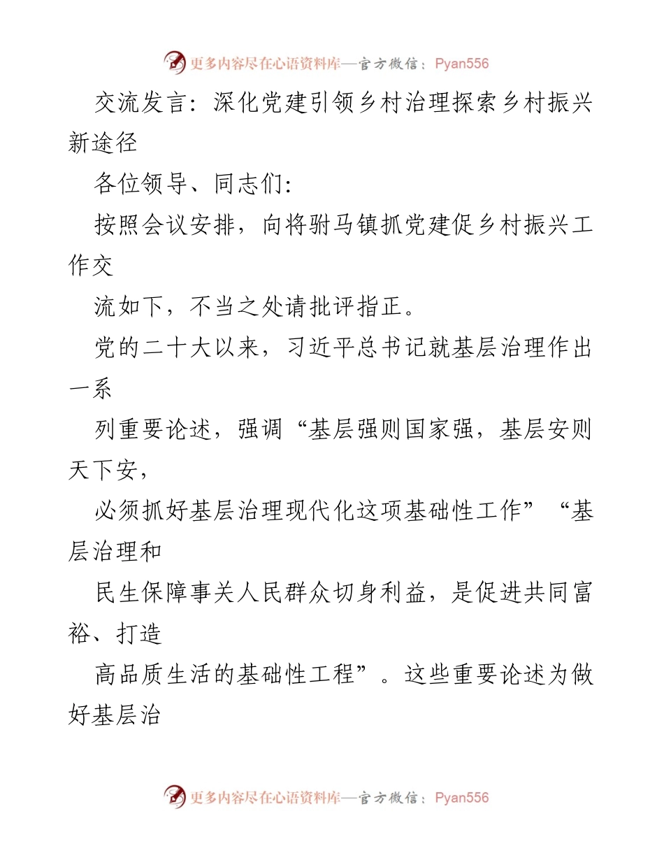 [发言] 党建引领乡村治理会议 - 深化党建引领乡村治理，探索乡村振兴新路径.docx_第1页