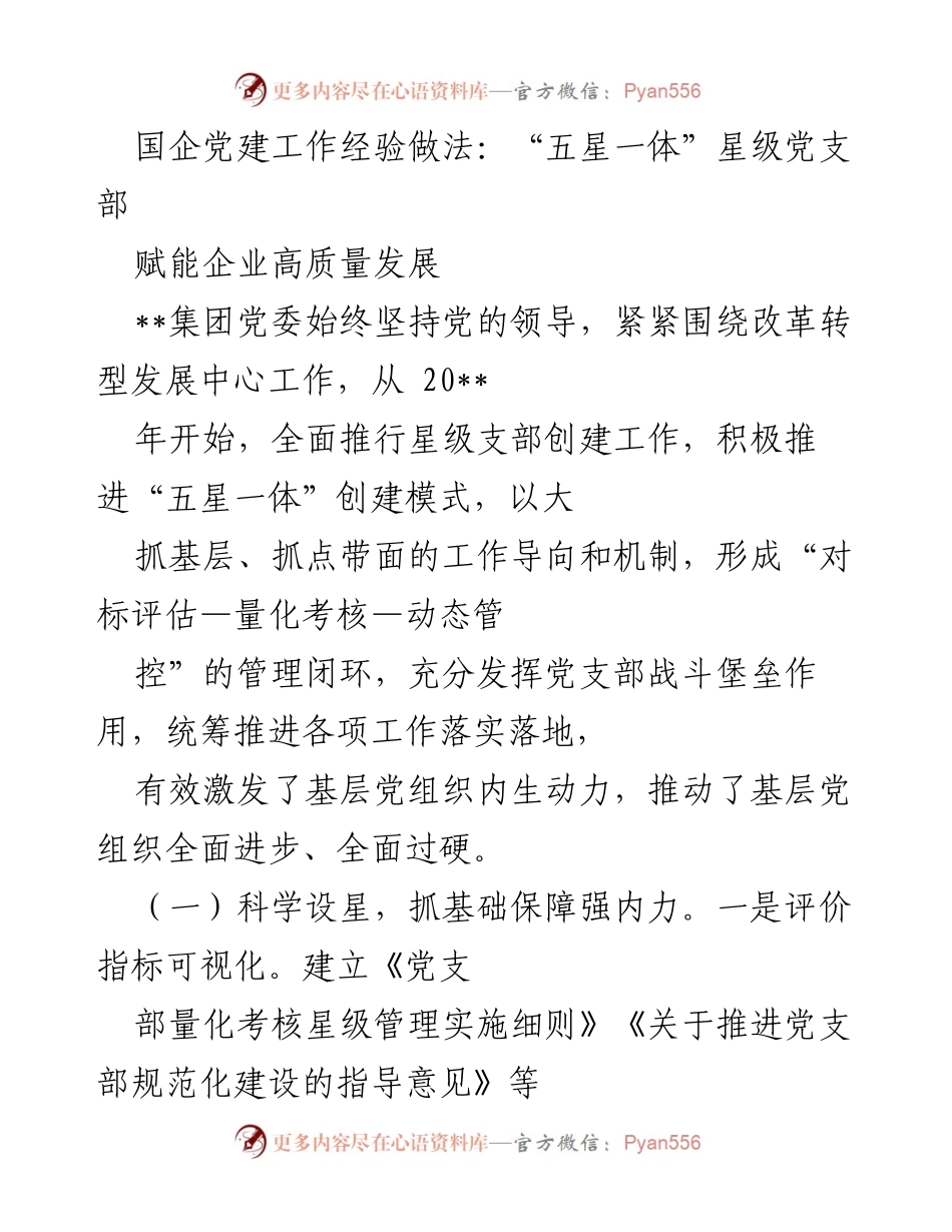 [发言] 党建工作经验分享 - “五星一体”星级党支部赋能国企高质量发展.docx_第1页