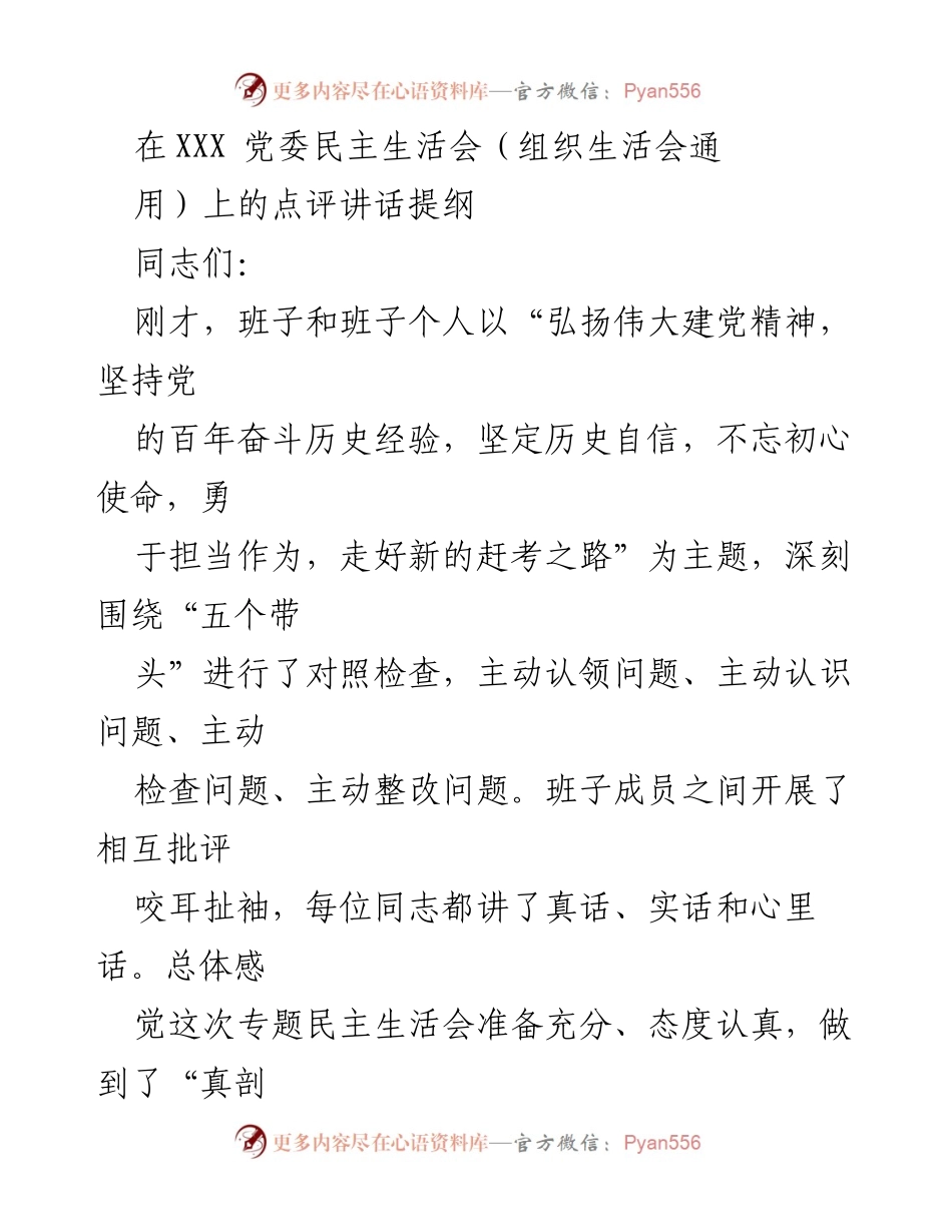 [发言] 党委民主生活会 - 深入剖析，勇于担当：XXX 党委民主生活会点评讲话提纲.docx_第1页