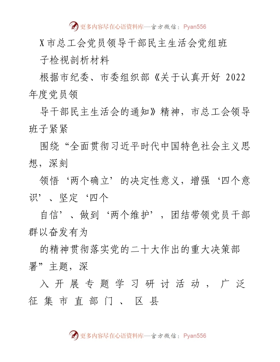[发言] 党员领导干部民主生活会 - 市总工会领导班子民主生活会检视剖析报告.docx_第1页