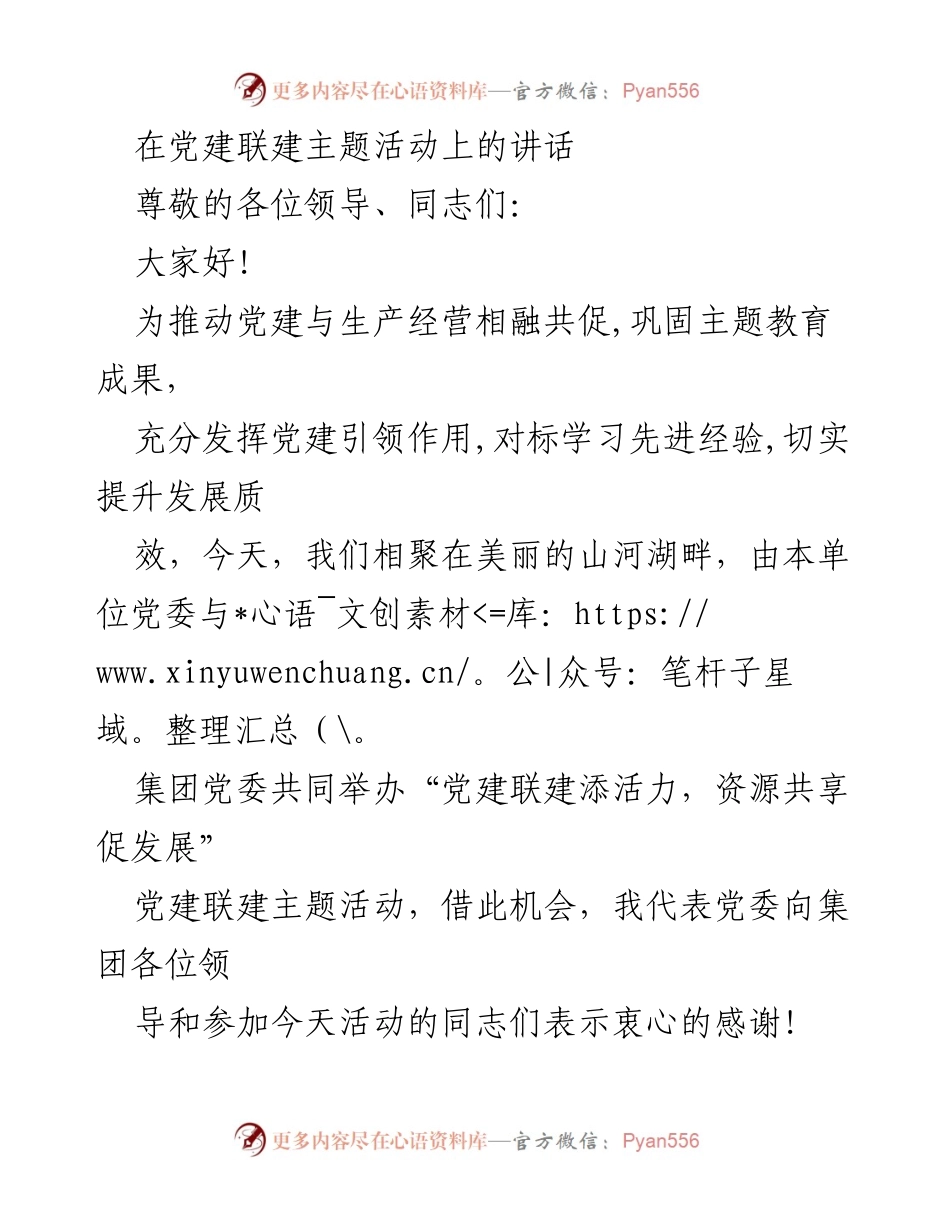 [发言] 党建联建主题活动 - 党建引领促发展，共享资源共赢未来.docx_第1页
