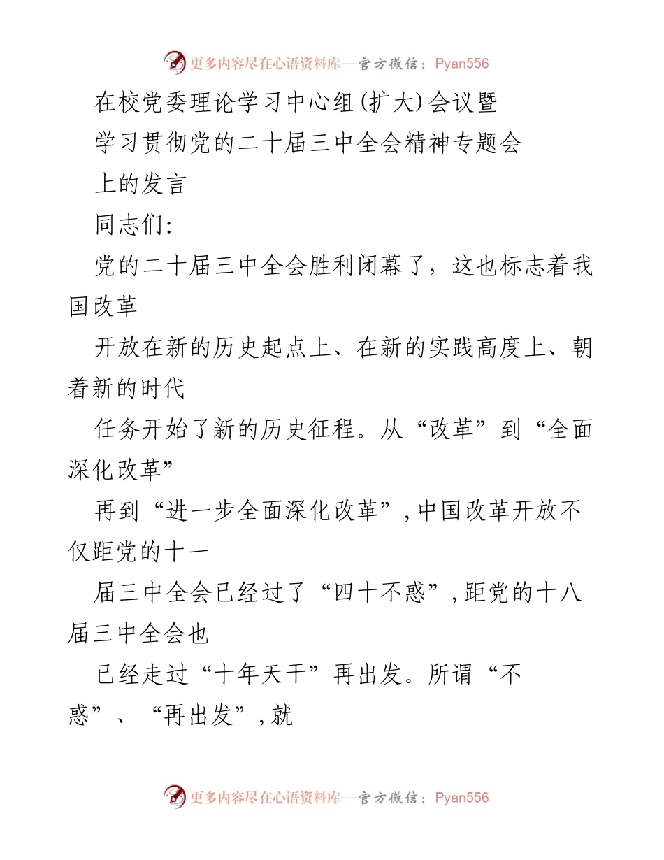 [发言] 党委理论学习中心组(扩大)会议 - 深入学习贯彻党的二十届三中全会精神的体会与思考.docx_第1页