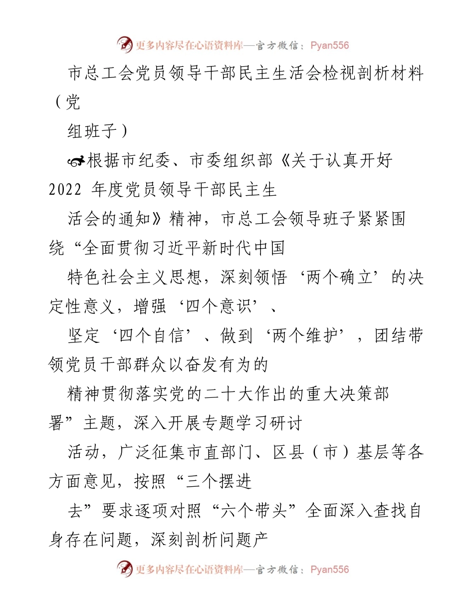 [发言] 党员领导干部民主生活会 - 市总工会党员领导干部民主生活会检视剖析材料.docx_第1页