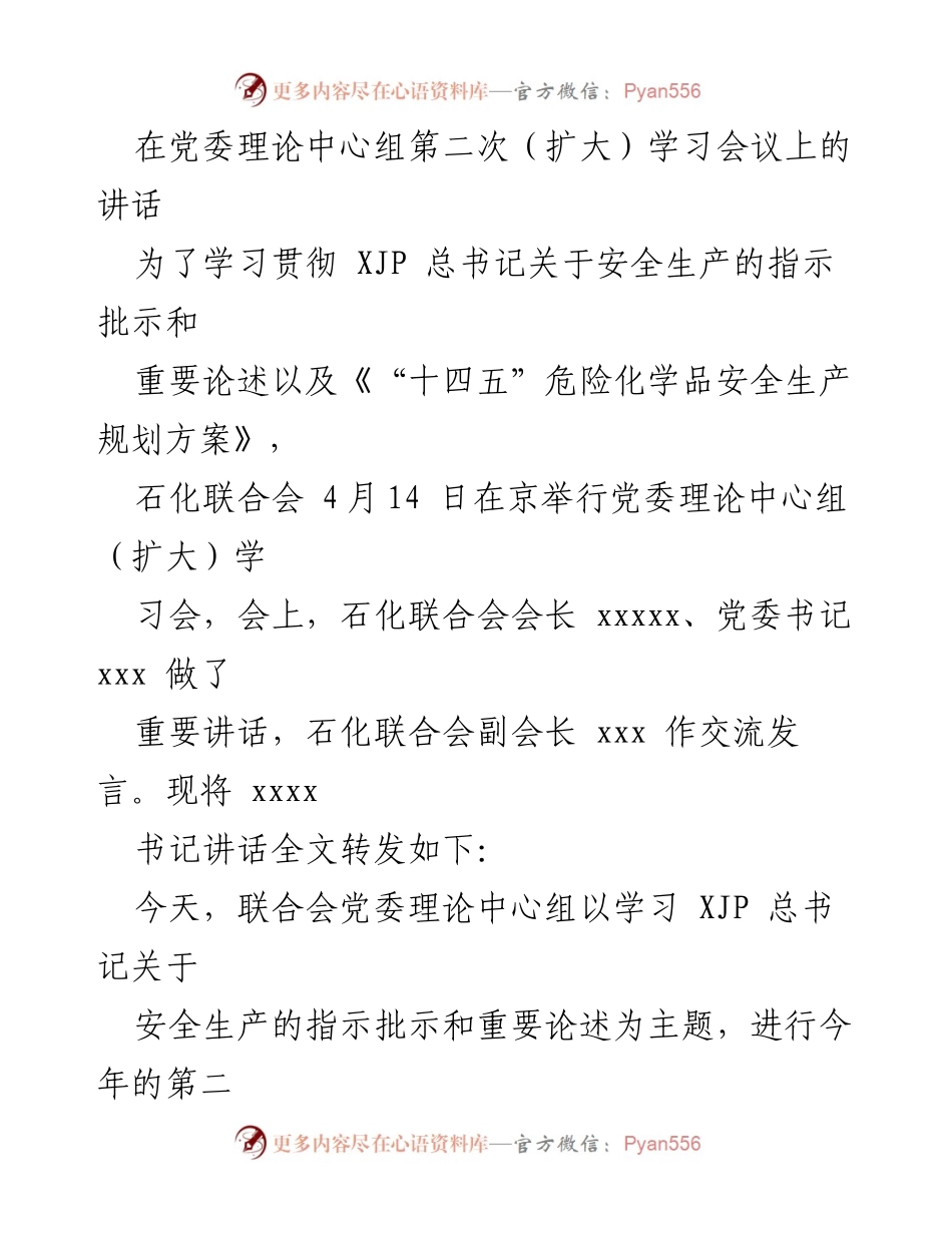 [发言] 党委理论中心组学习会议 - 学习贯彻安全生产指示，推动行业高质量发展_1.docx_第1页