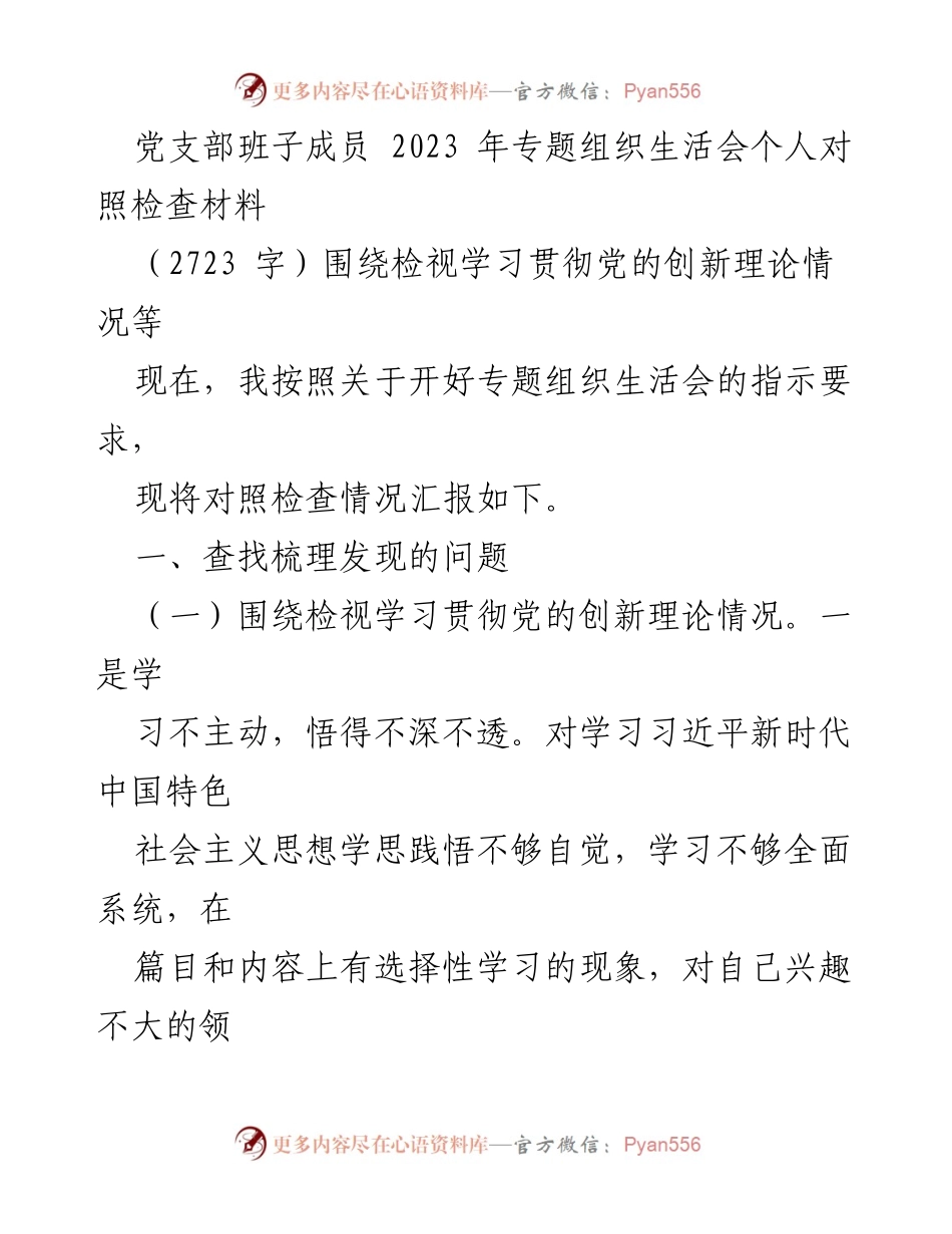 [发言] 党支部专题组织生活会 - 2023年党支部班子成员对照检查材料总结.docx_第1页