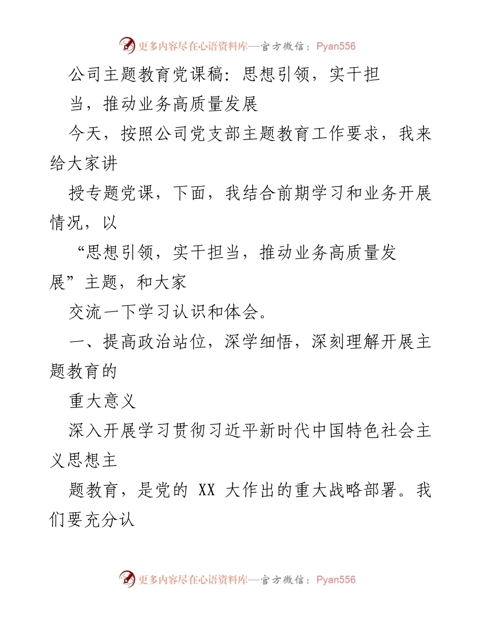 [发言] 党支部主题教育 - 思想引领，实干担当，推动业务高质量发展.docx_第1页
