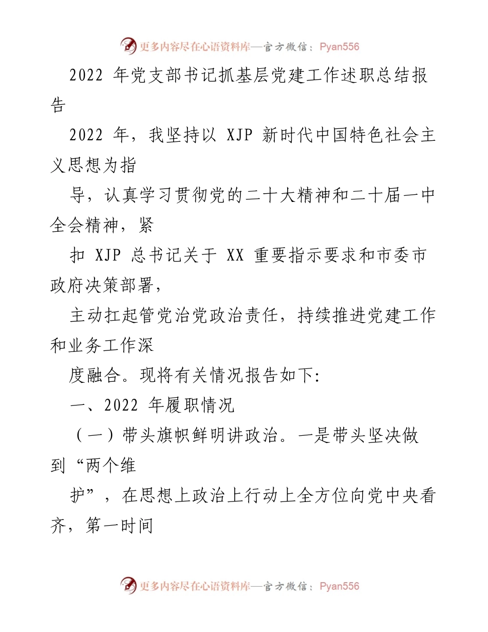 [发言] 党支部书记述职会议 - 2022年党支部书记抓基层党建工作述职总结报告.docx_第1页