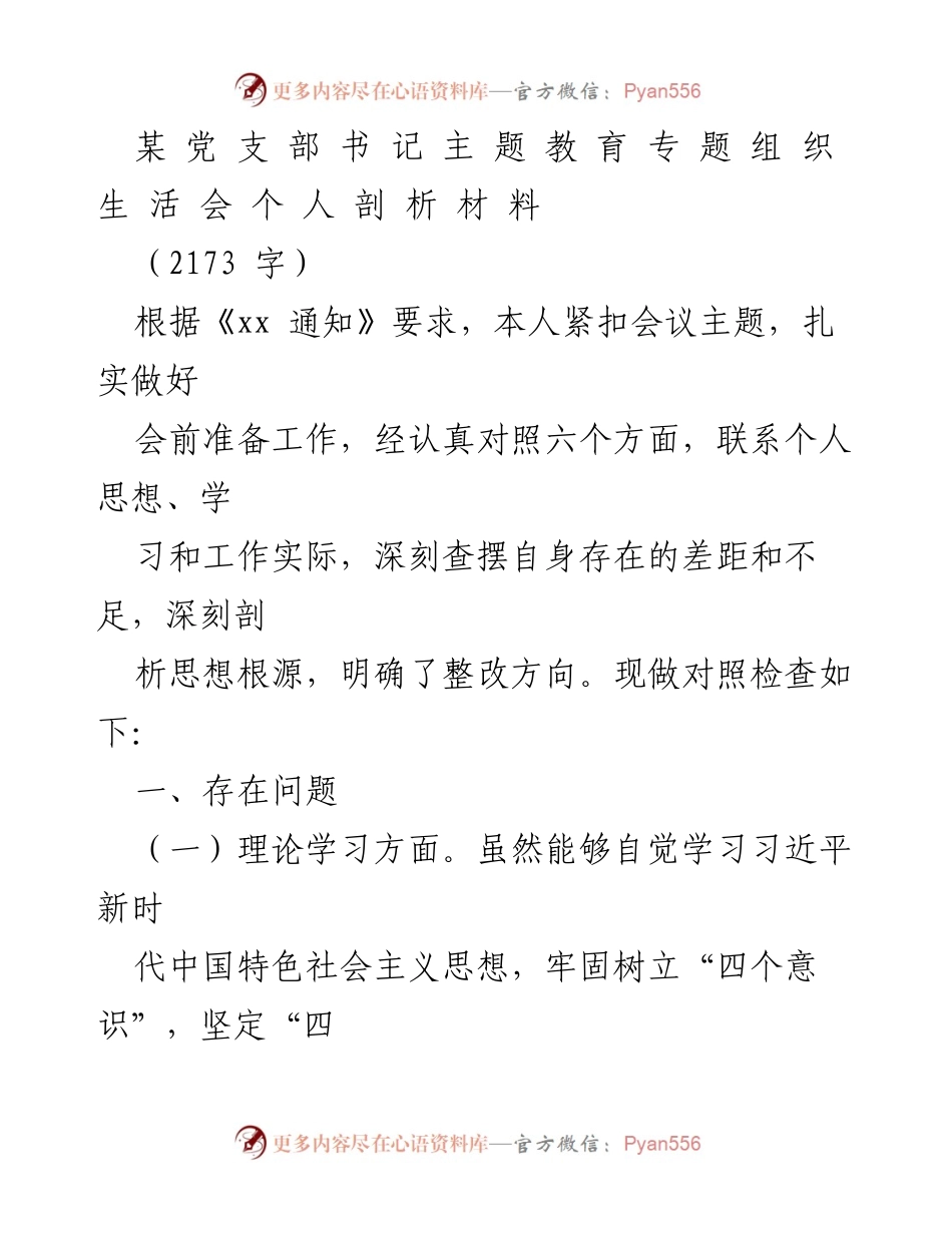 [发言] 党支部主题教育组织生活会 - 个人剖析与整改方向总结.docx_第1页