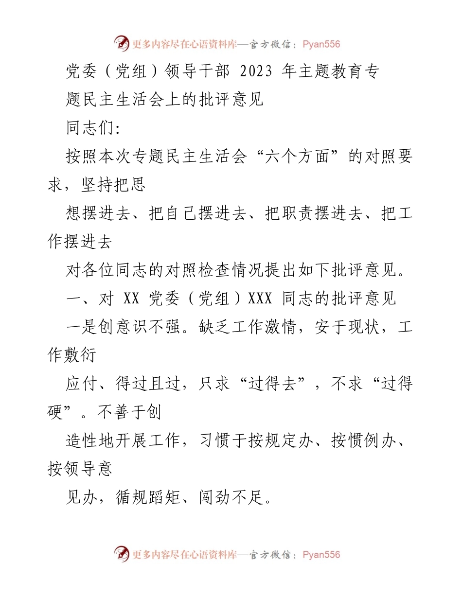 [发言] 党委（党组）领导干部专题民主生活会 - 批评意见：提升工作激情与责任意识.docx_第1页