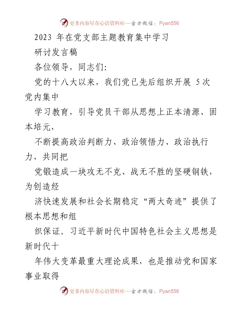 [发言] 党支部主题教育集中学习 - 深化理论学习，锤炼党性修养，推动高质量发展.docx_第1页