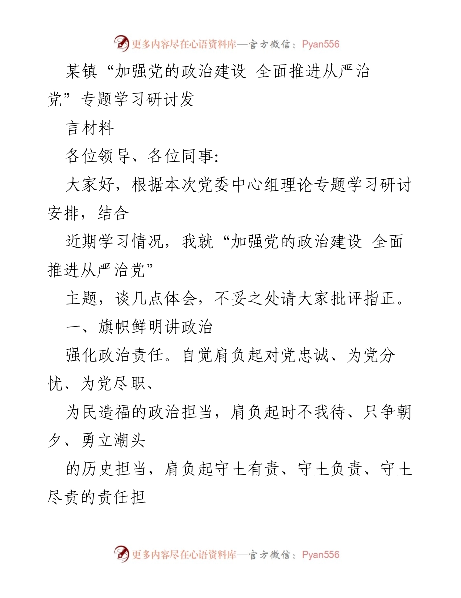 [发言] 党委中心组理论专题学习研讨 - 加强党的政治建设与从严治党的实践体会.docx_第1页