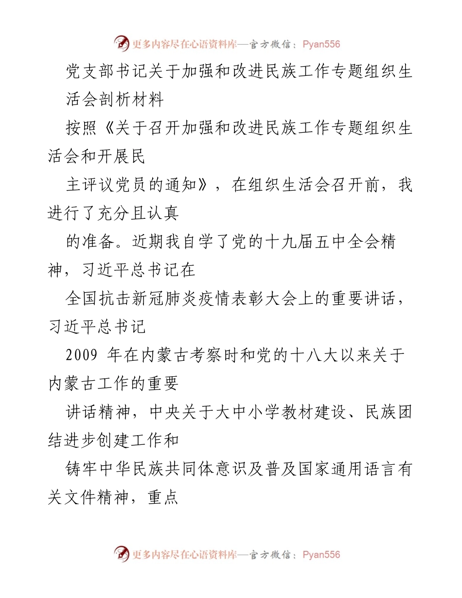 [发言] 党支部组织生活会 - 加强民族工作的重要性与自我剖析.docx_第1页