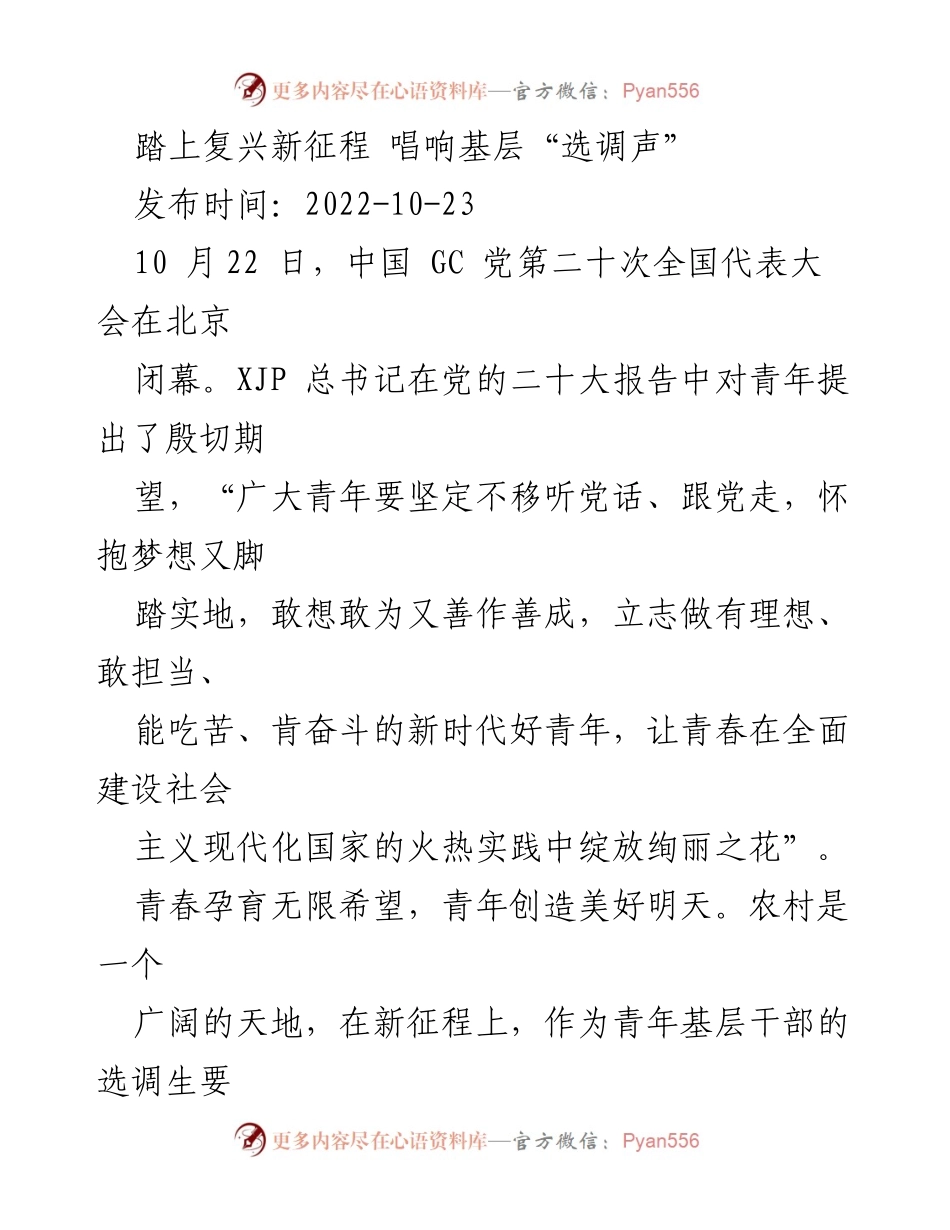 [发言] 党的二十大后青年基层干部座谈会 - 唱响基层“选调声”，践行新时代青年使命.docx_第1页