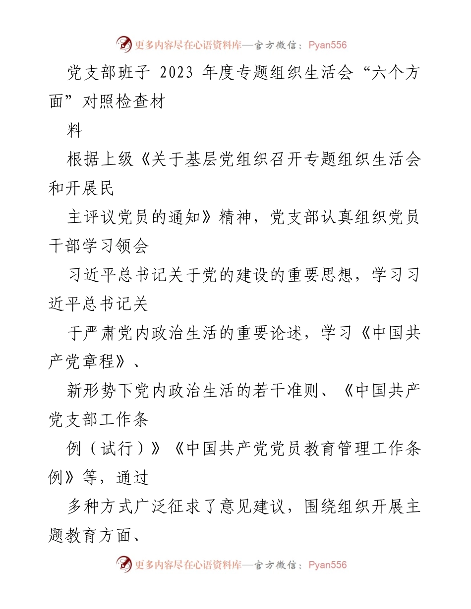 [发言] 党支部年度专题组织生活会 - 2023年度党支部班子对照检查与整改措施报告.docx_第1页