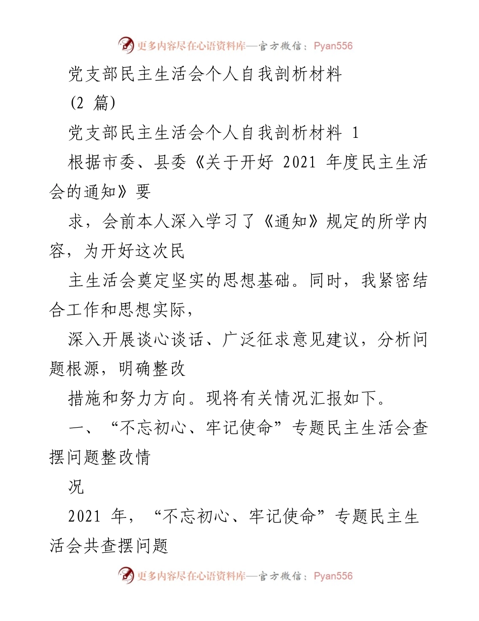 [发言] 党支部民主生活会 - 个人自我剖析与整改措施总结_1.docx_第1页