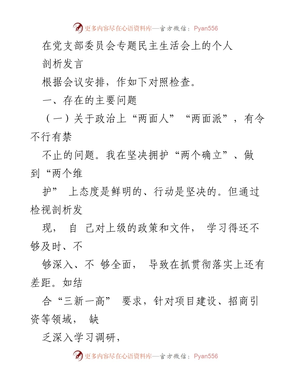 [发言] 党支部委员会专题民主生活会 - 个人剖析与问题反思.docx_第1页