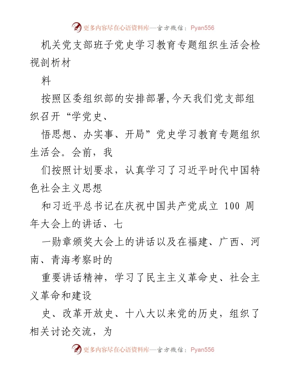 [发言] 党支部专题组织生活会 - 机关党支部党史学习教育专题组织生活会检视剖析报告.docx_第1页
