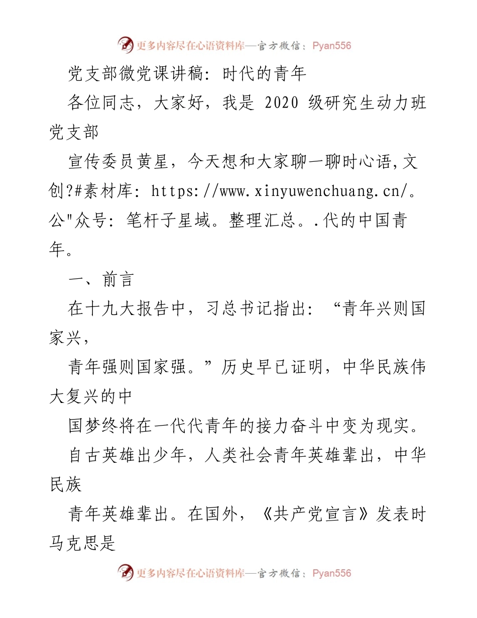 [发言] 党支部微党课 - 时代的中国青年：勇担使命，共创未来.docx_第1页