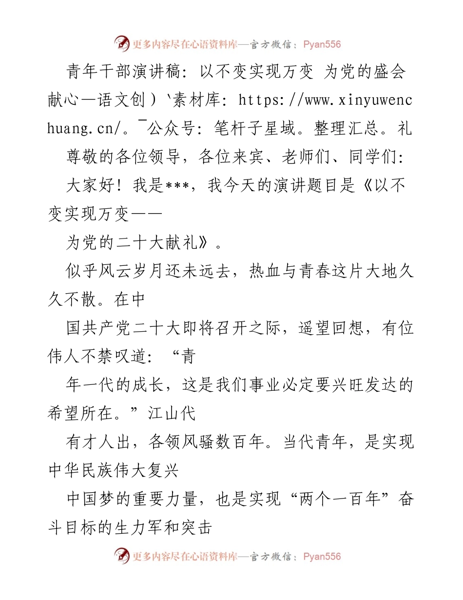 [发言] 党的二十大 - 青年干部的使命与担当：以不变实现万变.docx_第1页