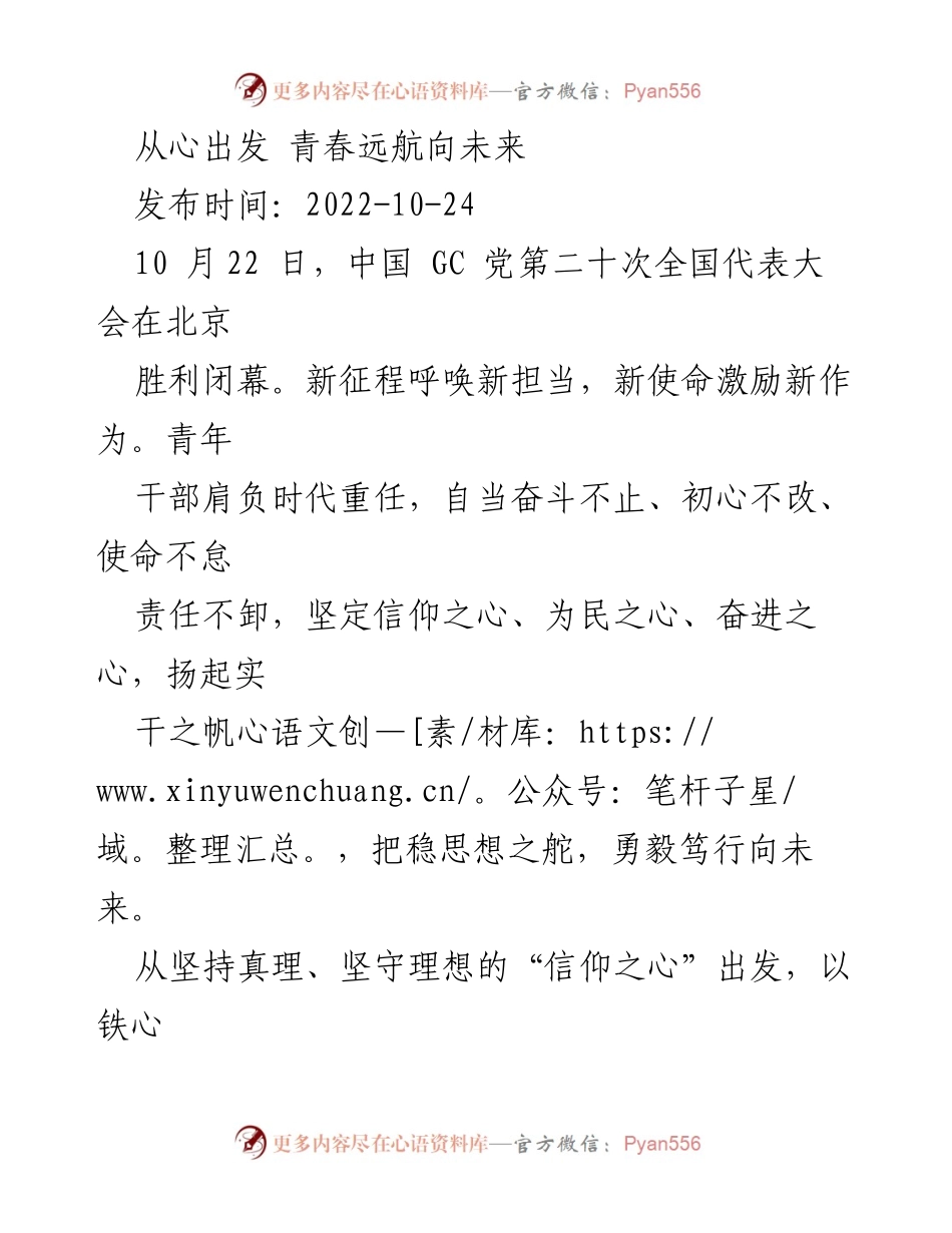[发言] 党的二十大精神学习会 - 青年干部的使命与担当.docx_第1页