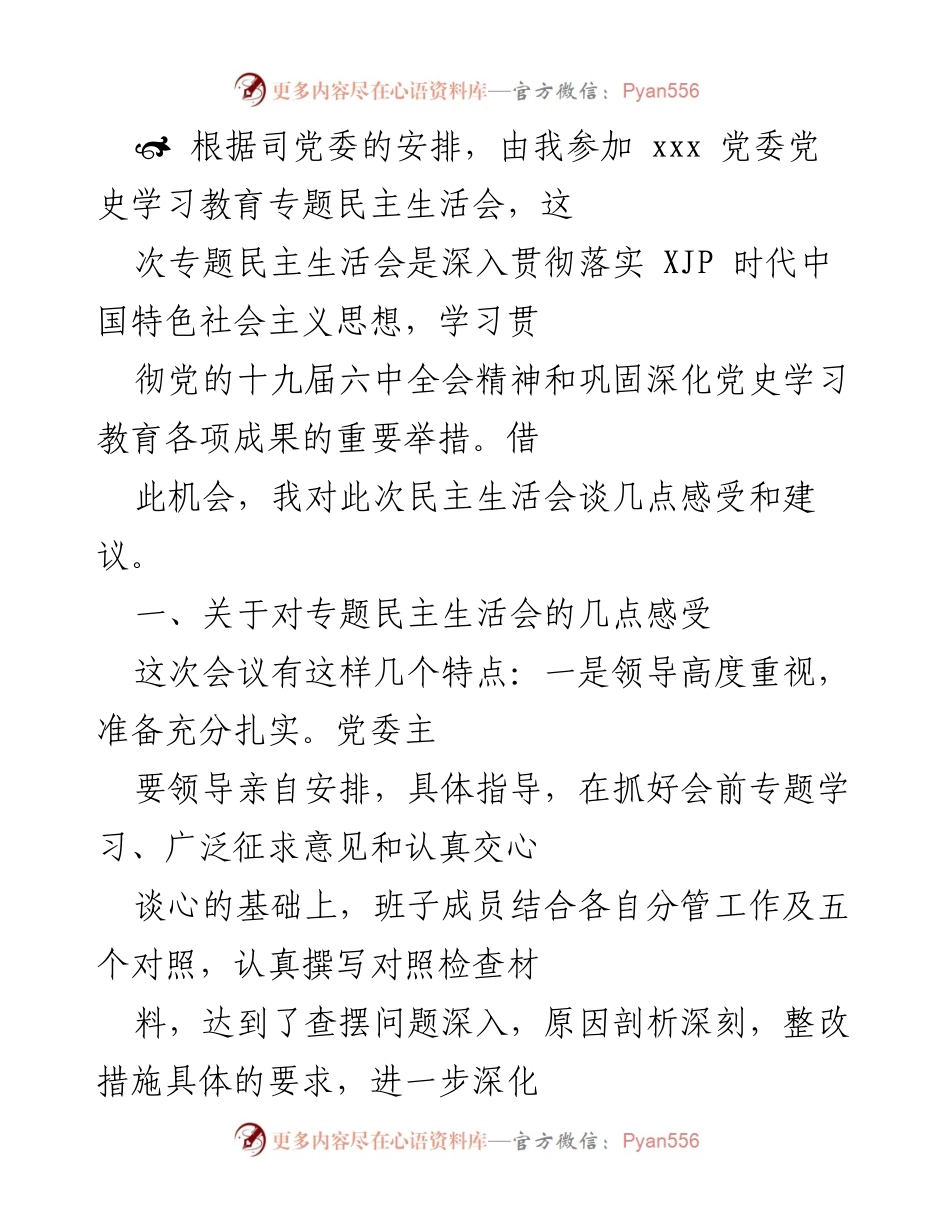[发言] 党委党史学习教育专题民主生活会 - 深入学习贯彻 XJP 时代思想，促进高质量发展.docx_第1页