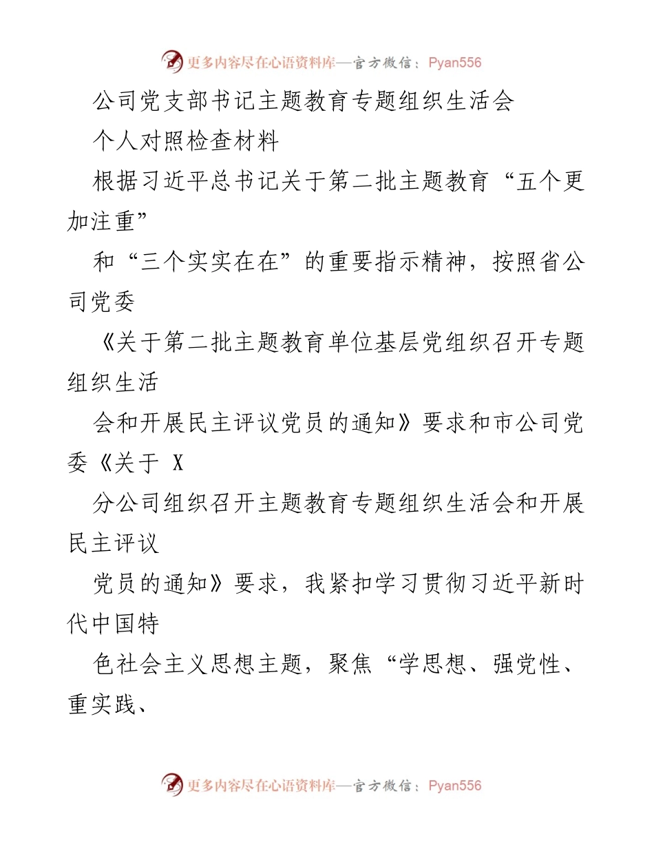 [发言] 党支部书记主题教育专题组织生活会 - 个人对照检查材料总结与整改情况报告.docx_第1页