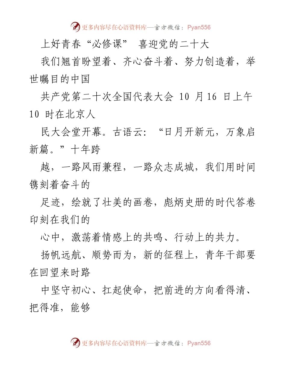 [发言] 党的二十大前夕 - 青年干部：在新征程上书写时代篇章.docx_第1页