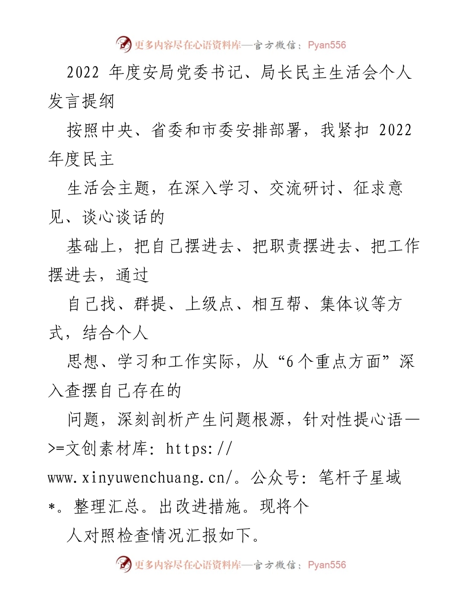 [发言] 党委民主生活会 - 2022年度安局党委书记民主生活会个人对照检查发言提纲.docx_第1页