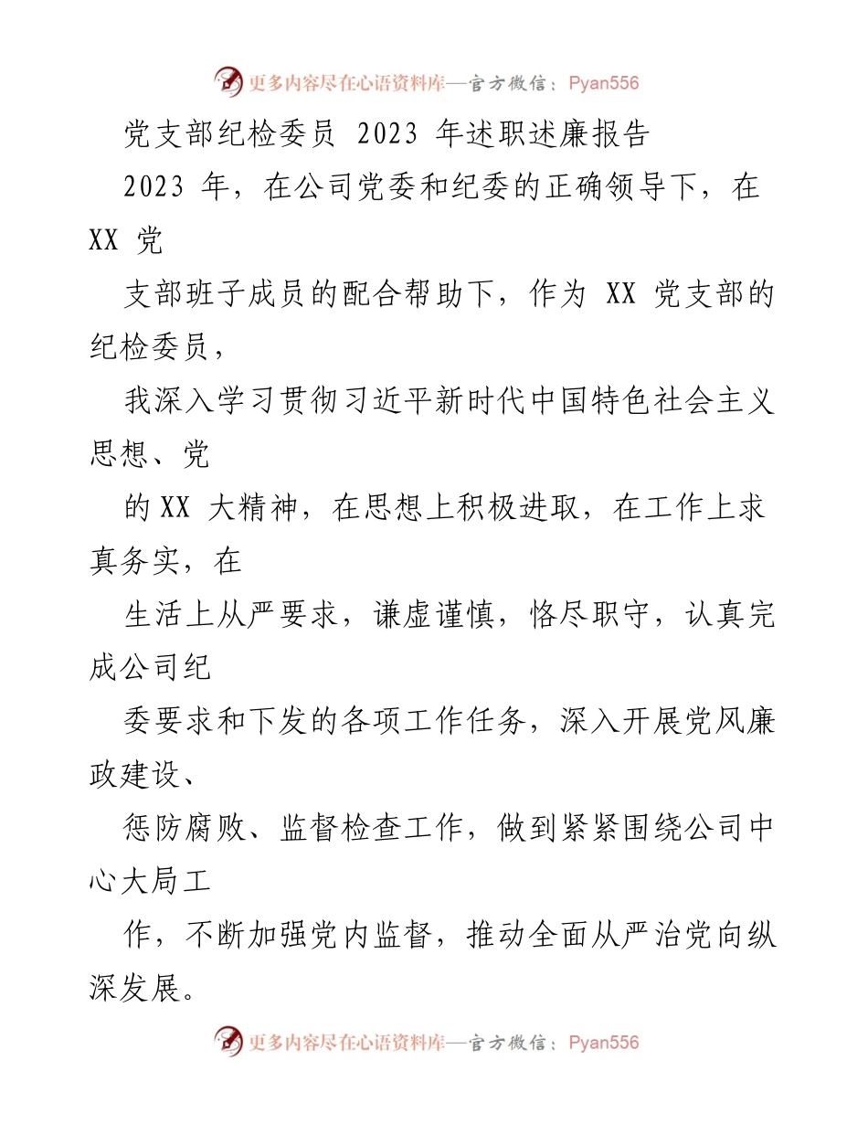 [发言] 党支部述职 - 2023年纪检委员述职述廉报告总结.docx_第1页