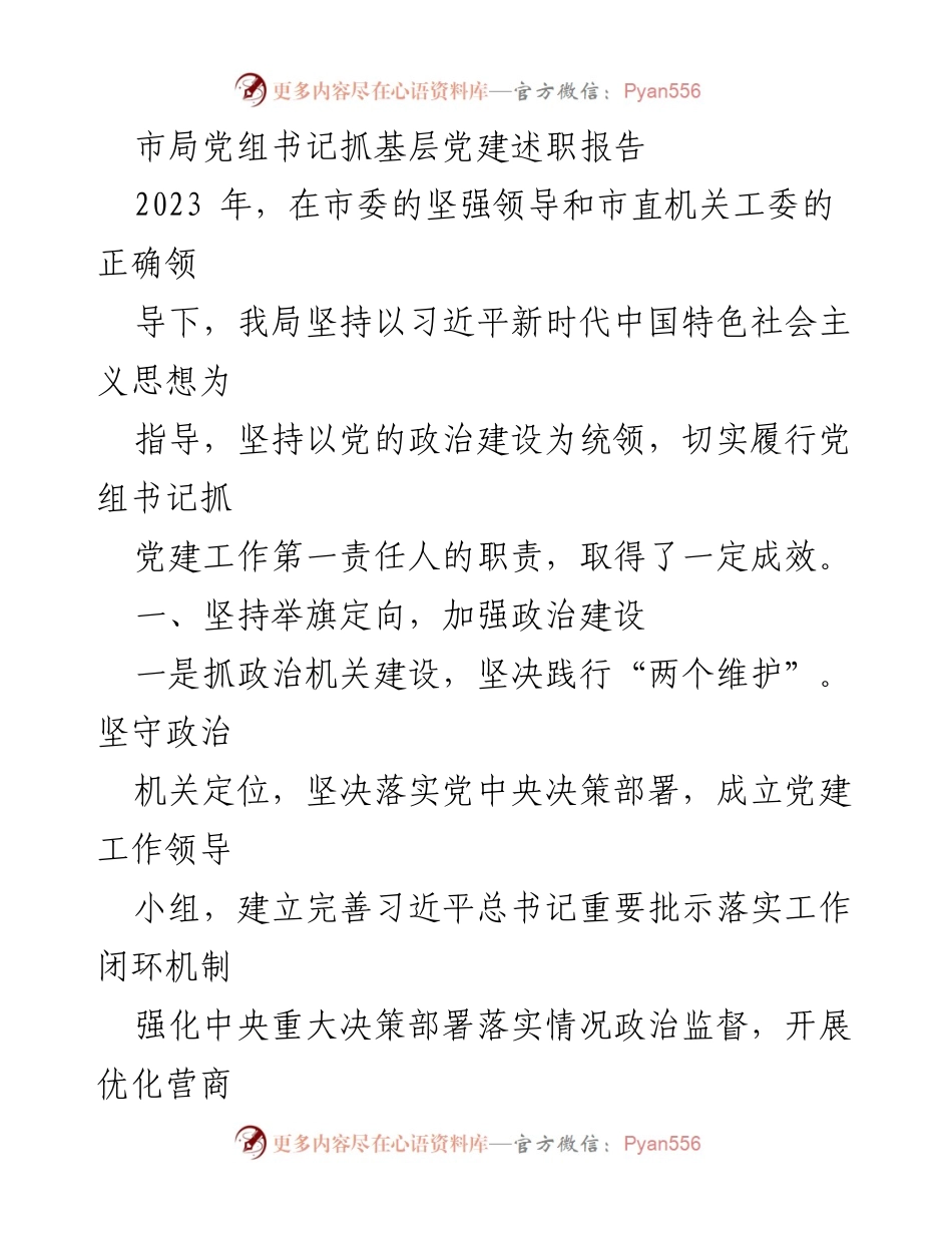 [发言] 党建述职 - 市局党组书记2023年基层党建工作述职报告.docx_第1页