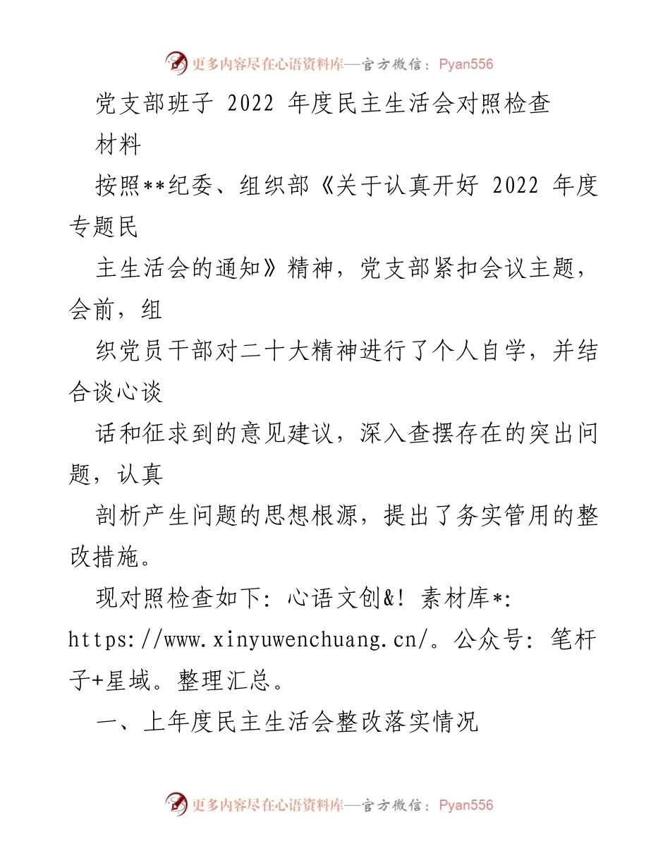 [发言] 党支部民主生活会 - 2022年度党支部民主生活会对照检查总结.docx_第1页