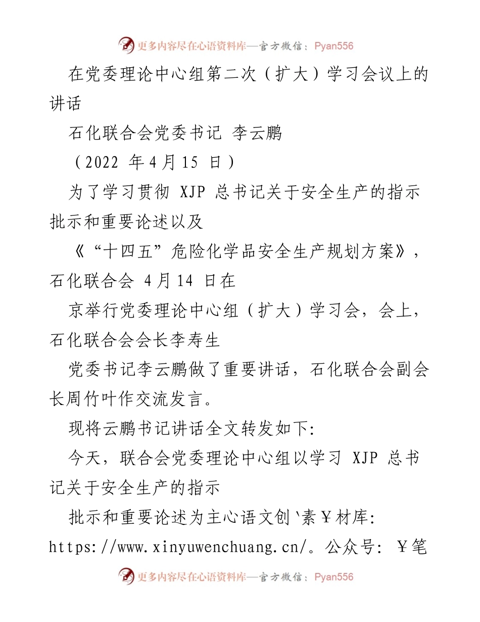 [发言] 党委理论中心组学习会议 - 学习贯彻安全生产指示，推动行业高质量发展.docx_第1页