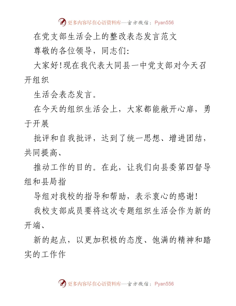 [发言] 党支部生活会 - 加强整改落实，推动学校发展新起点.docx_第1页