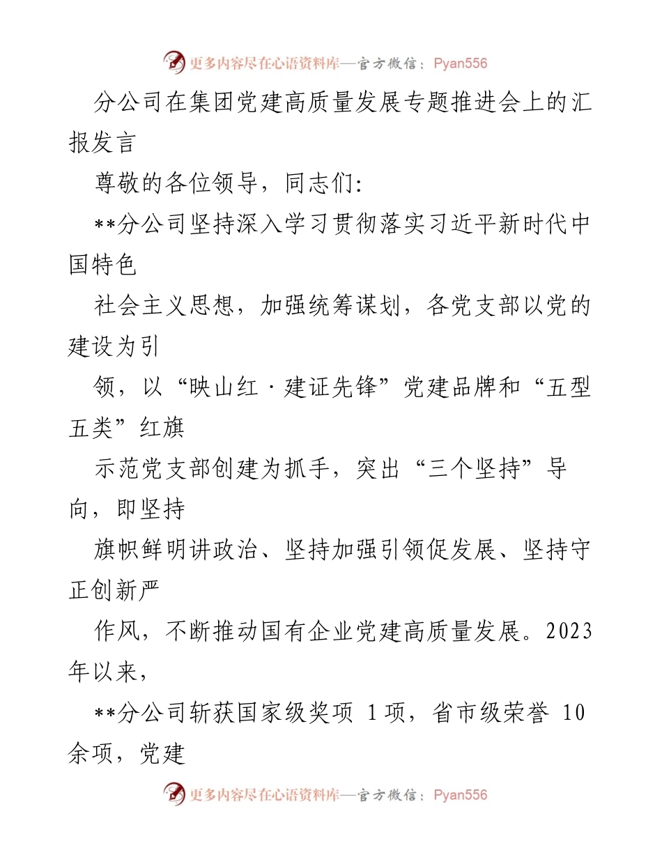 [发言] 党建高质量发展专题推进会 - __分公司党建工作汇报：推动高质量发展与品牌建设__.docx_第1页