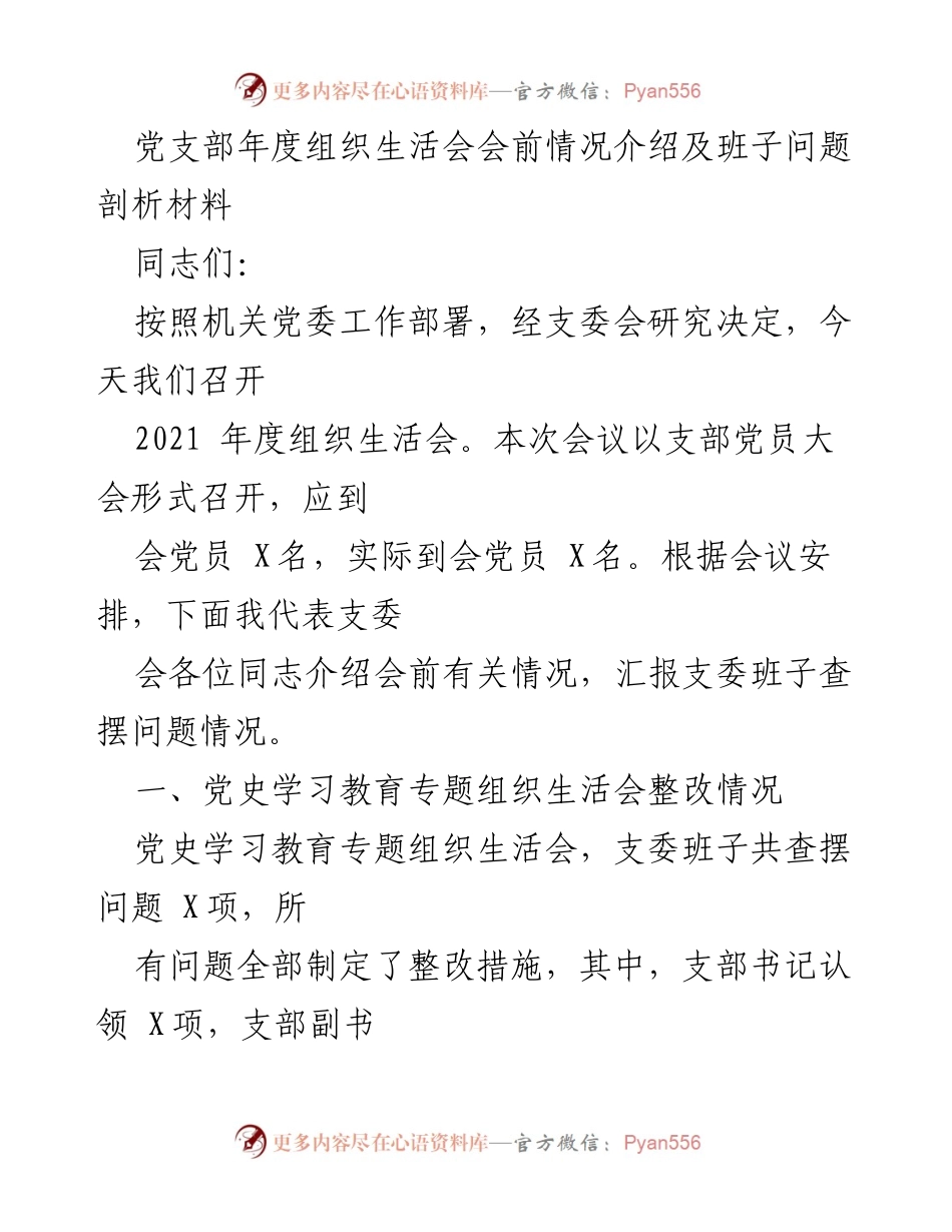 [发言] 党支部年度组织生活会 - 党支部年度组织生活会情况介绍及问题剖析.docx_第1页