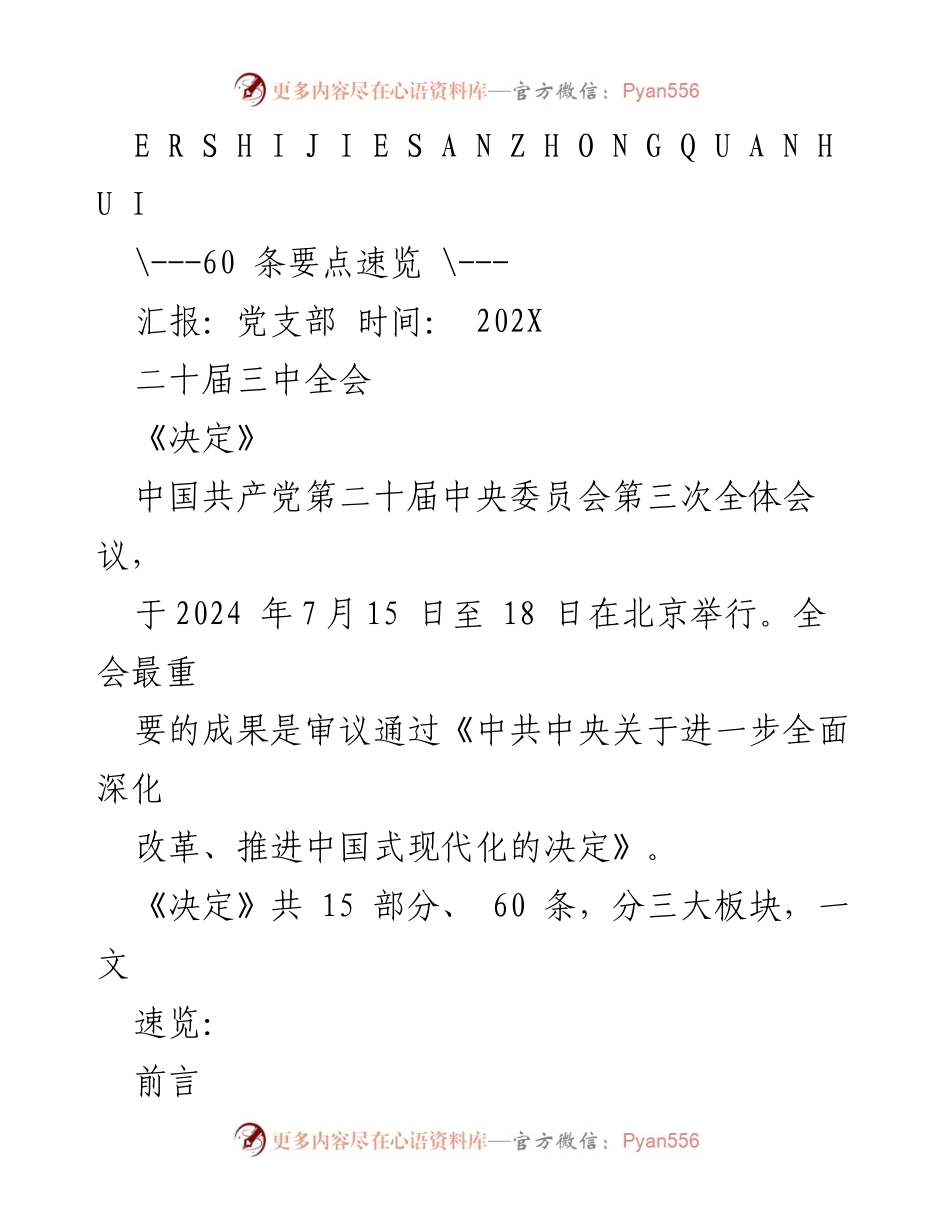 [发言] 党支部汇报 - 二十届三中全会《决定》要点速览.docx_第1页