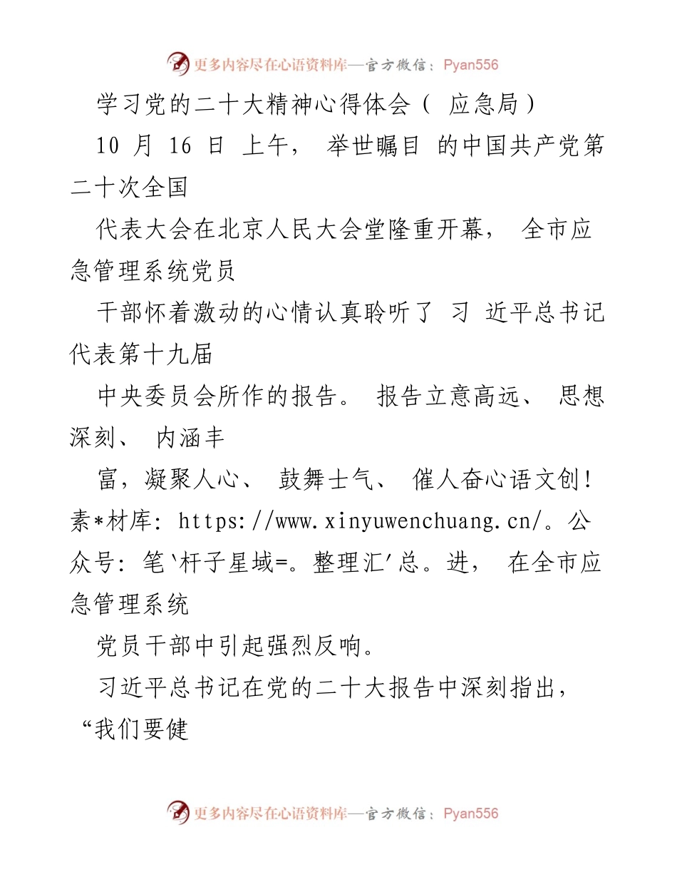 [发言] 党的二十大精神学习会 - 深入学习党的二十大精神，提升应急管理能力_1.docx_第1页
