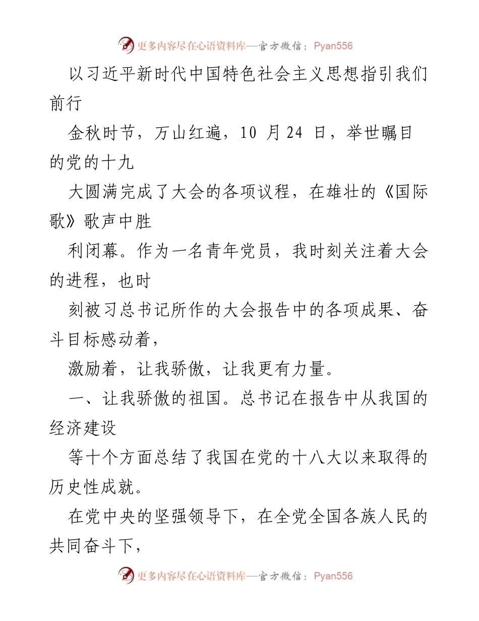 [发言] 党的十九大 - 以习近平新时代中国特色社会主义思想指引青年党员前行.docx_第1页