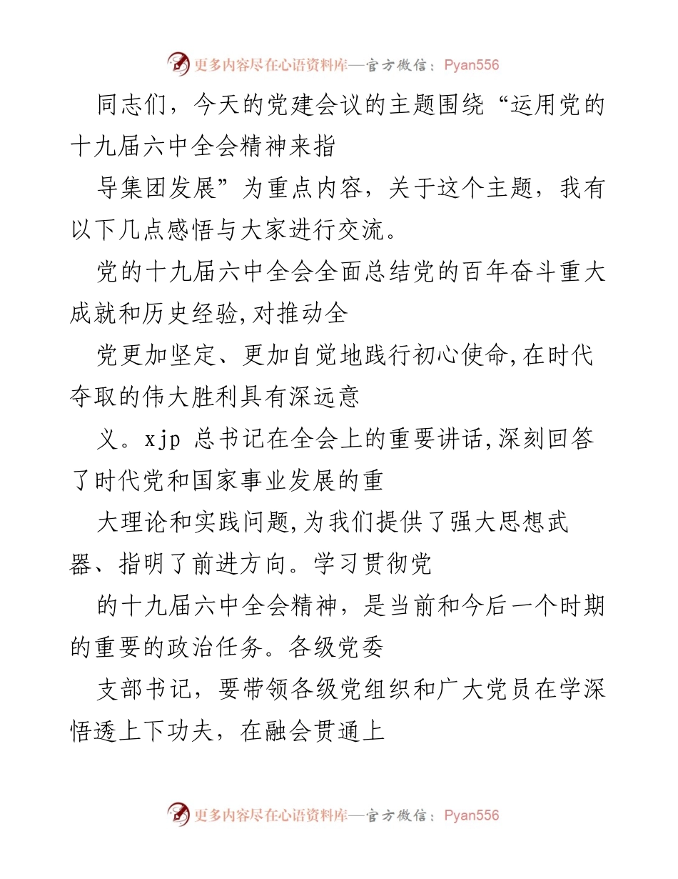 [发言] 党建会议 - 运用十九届六中全会精神推动集团发展.docx_第1页