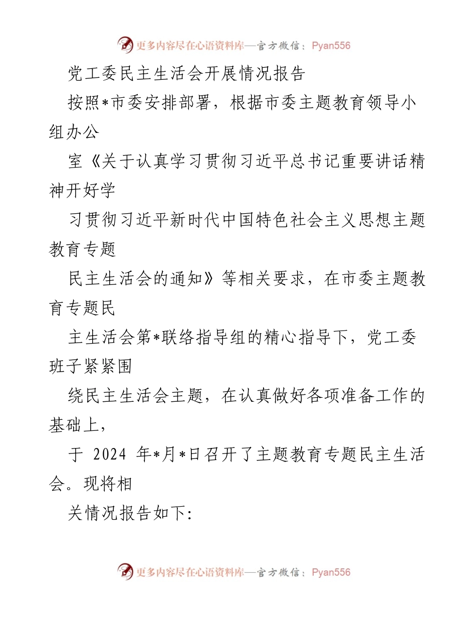 [发言] 党工委民主生活会 - 党工委民主生活会开展情况报告.docx_第1页