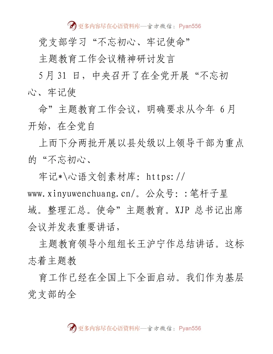 [发言] 党支部学习会议 - 深入学习“不忘初心、牢记使命”主题教育精神的体会与思考.docx_第1页