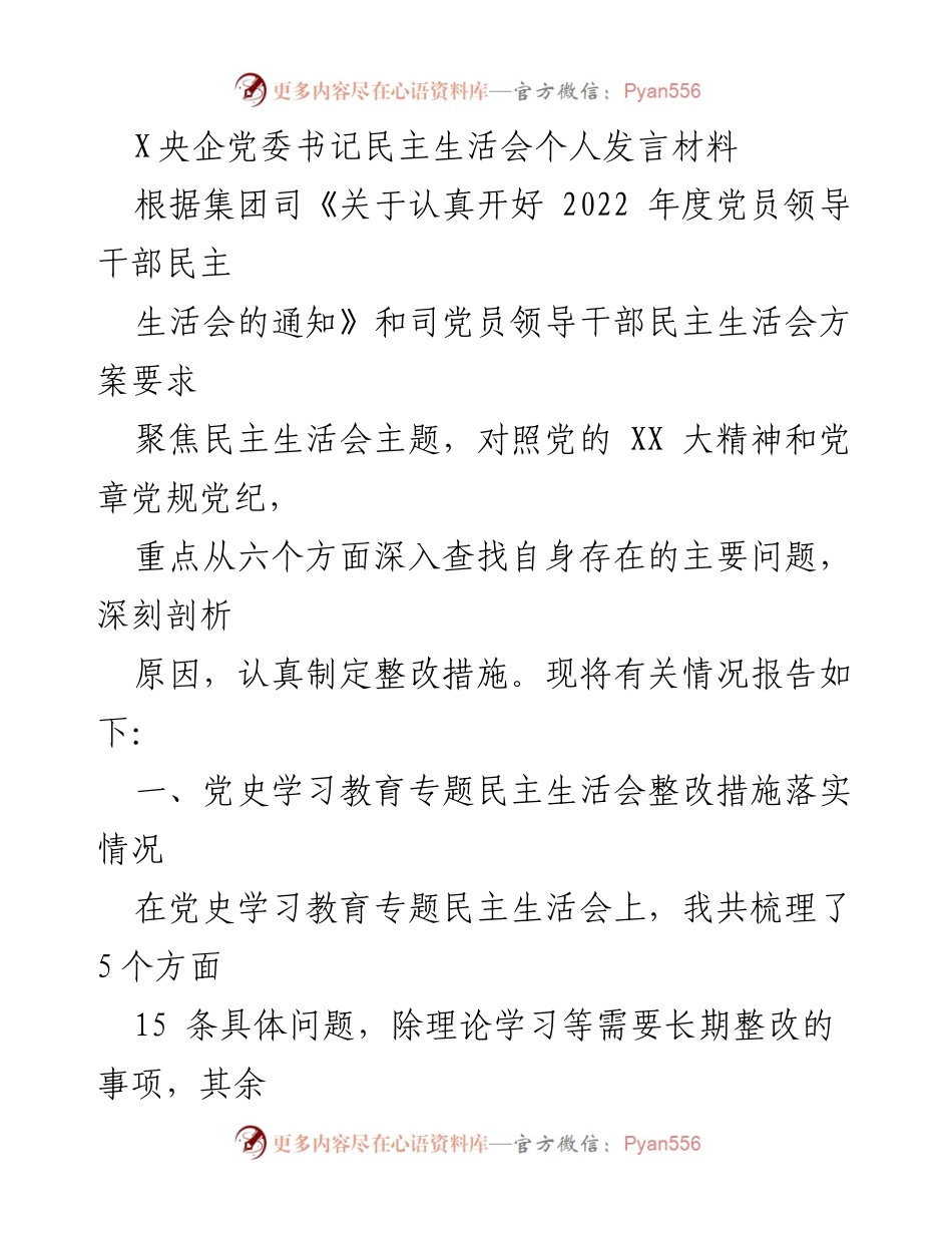 [发言] 党委书记民主生活会 - 深入剖析与整改：2022年度民主生活会个人发言材料.docx_第1页
